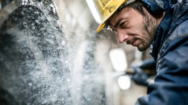 Focused worker spraywashing sludge from metal surfaces in a utility maintenance area dynamic diagonal framing enhancing action and bright overhead lighting