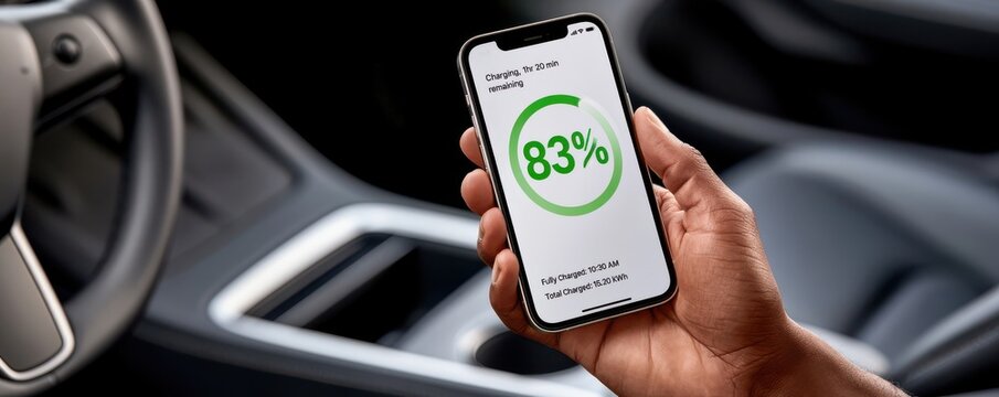 Person holding smartphone in car showing 83% battery charging status for electric vehicle