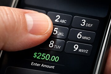 Obraz premium Finger Entering $250.00 on Smartphone Mobile Banking Keypad
