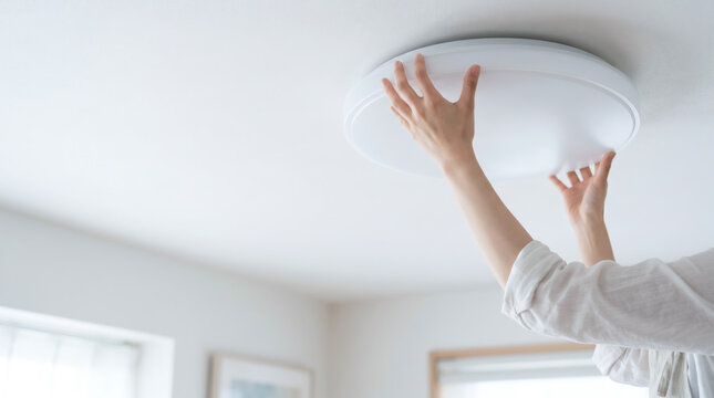 シーリングライトの取り付け LED電球や蛍光灯を交換をする女性