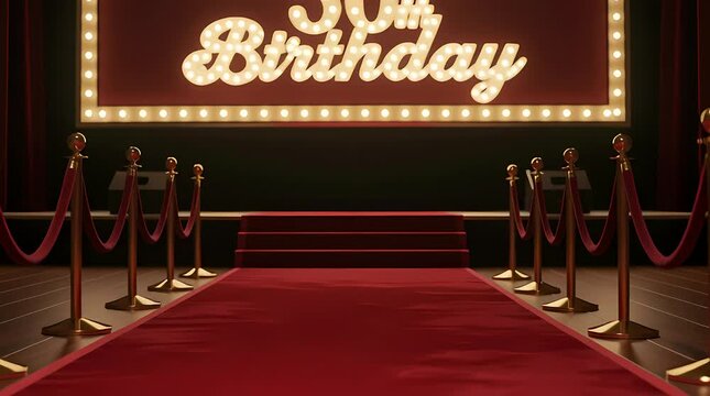 Red carpet entrance Happy 50th Birthday celebration event stage with velvet ropes and illuminated sign, symbolizing a grand milestone party, anniversary, or special occasion.