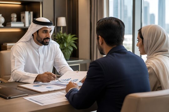 Middle Eastern Financial Advisor Reviewing Retirement Planning Documents With Clients