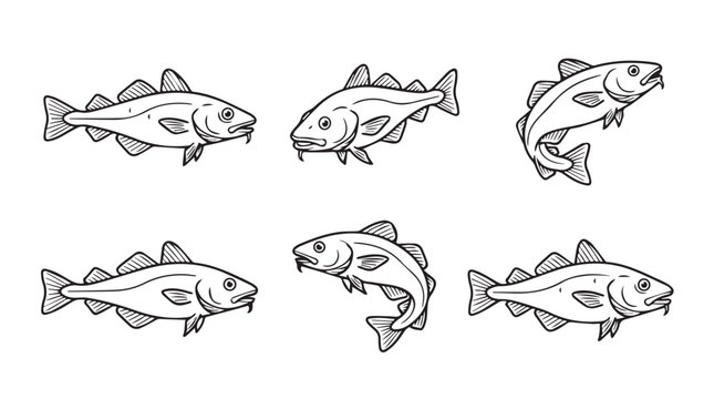 Set of hand-drawn cod fish illustrations in sketch style with illustration swimming wildlife underwater creature monochrome isolated collection ingredient culinary saltwater