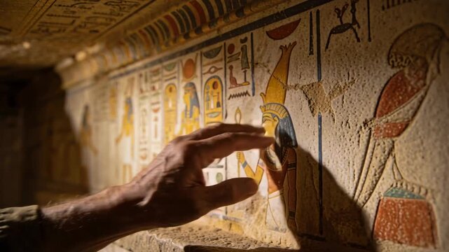 Spotting painted hieroglyphs, reaching male hand wearing earth sleeve tracing tomb wall for study