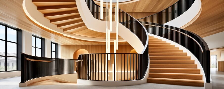 Symmetrical spiral staircase with wooden treads and modern railing in bright architectural interior