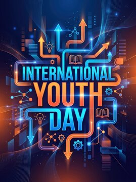 International Youth Day celebration with glowing arrows books and lightbulb