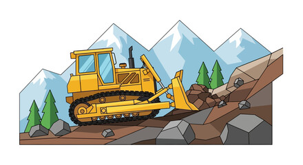 Yellow bulldozer on rocky mountain slope with snow caps © Ahda