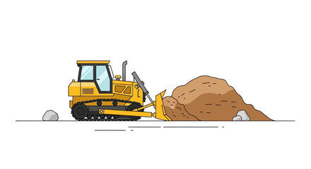 Yellow bulldozer pushing dirt pile, construction site illustration © Ahda