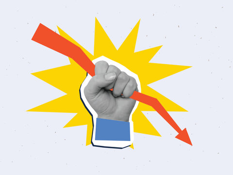 A fist holds a red arrow pointing downwards. Modern photo collage style. Vector illustration