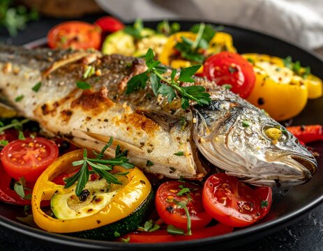 Wolfsbarsch auf mediterranem Gem&uuml;se