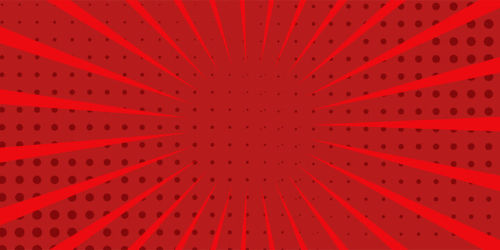 Red Pop Art Comic Background with Thunders. Red thunder comic halftone style background. Retro comic book style empty backdrop for magazine, cover, ad, banner, websites