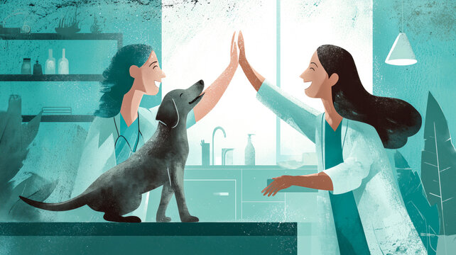 Caring vet high-five with dog and owner