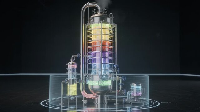 Medium shot of a digital twin distillation unit showcasing realtime performance metrics and stress points during typical operational conditions in a 3D virtual environment