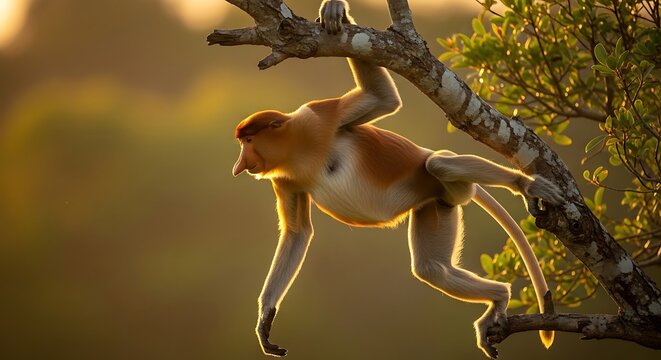 Proboscis monkey hanging on tree