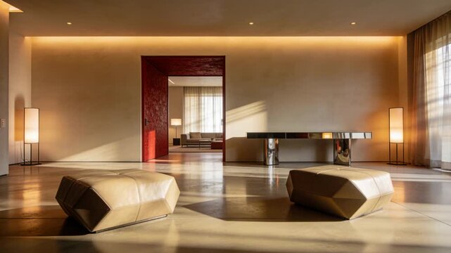 Shifting sunlight casting moving highlights, shadows on pair angular ottomans in lobby by red door