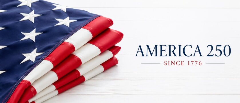Folded USA flag with America 250 anniversary text since 1776 on white wood, patriotic Independence Day banner background with copy space for celebration, promotion, history, commemorative advertising