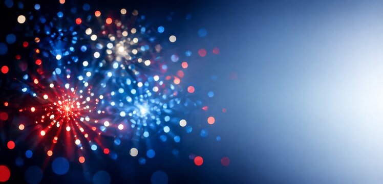 USA independence 250 anniversary sale fireworks in red, white, blue bokeh burst over dark patriotic background with open copy space, festive banner for promotion, advertising, national celebration