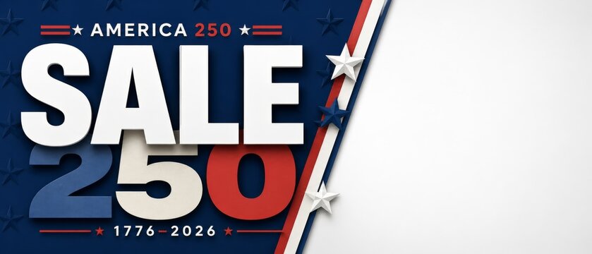 USA independence anniversary sale banner with bold 250 numerals, America 250 text, 1776-2026 dates, patriotic stars, red white blue stripes, copy space for retail promotion background design