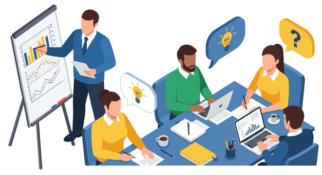 collaborative meeting presentation teamwork business people working together flat vector graphic
