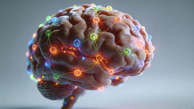Rotating brain model pulsing in gray, early node bursts traveling along filaments syncing network