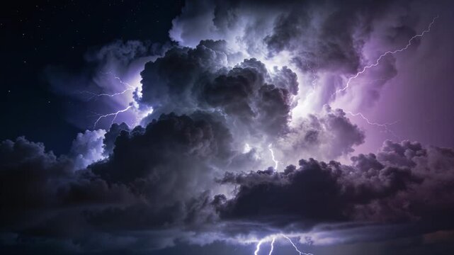 Flashing lightning illuminating storm cloud revealing layered interior at night with visible bolts