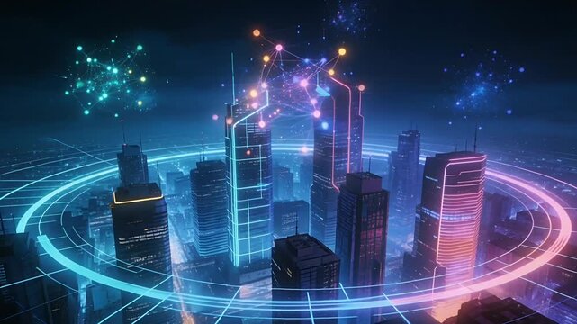 Pulsing neon towers responding to data pulse, forming holographic ring and network at night