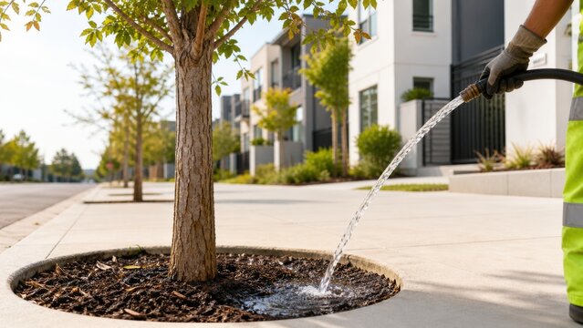 Urban irrigation scene with worker watering tree on sunny day