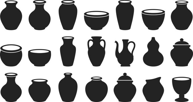 Comprehensive collection of various clay pots and ceramic vessels vector icons displaying classic vases bowls and kitchenware for home or garden decor design.