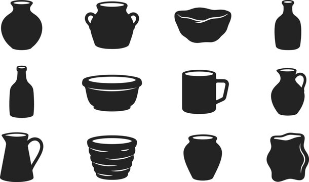 Set of various clay pottery shapes and ceramic vessels vector graphics illustrating handmade kitchenware and classic garden pots for home design and ceramics.