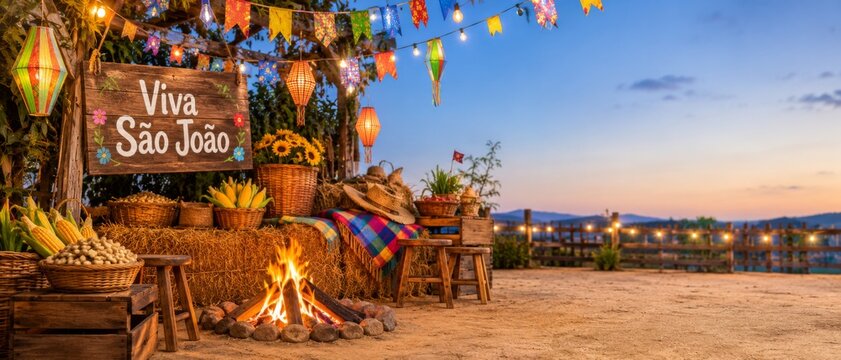Festa Junina bonfire scene with Portuguese text Viva S&atilde;o Jo&atilde;o meaning Long live Saint John, rustic hay, flags, lanterns, corn baskets, village lights, copy space, banner background, evening festival
