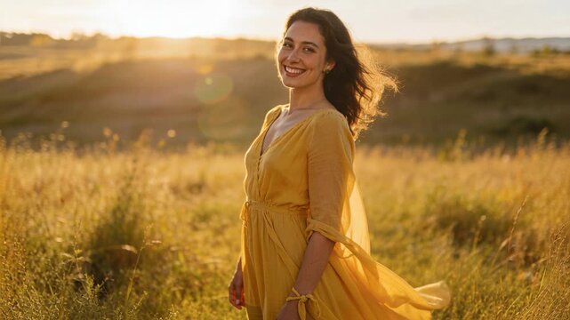 yellow dress brown hair Beautiful Woman with Dark Hair in Elegant Yellow Dress Posing in the  Hayloft on Sunset Stock Photo