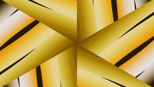 Vibrant abstract design features intersecting golden tubes with black stripes on an orange background
