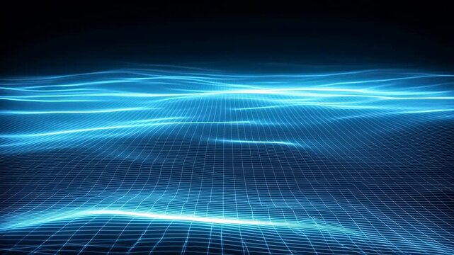 Dynamic flowing blue digital waves on a black grid surface
