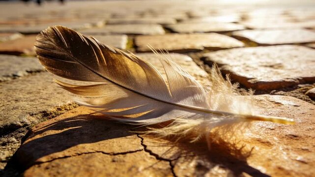 Resting single bird feather puffing and shifting on sunlit cobblestone, with gentle breeze passing