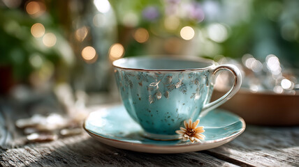 Fototapeta premium Serene teacup with floral pattern and tiny flower, dappled sunlight