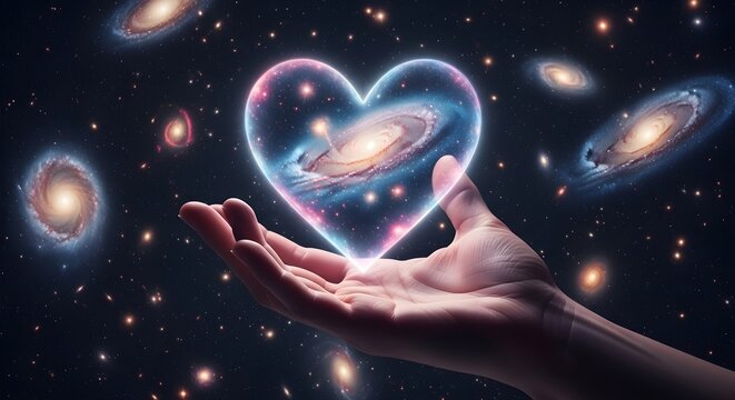 Hand cradling a radiant heart filled with a cosmic galaxy, symbolizing universal love and interconnectedness