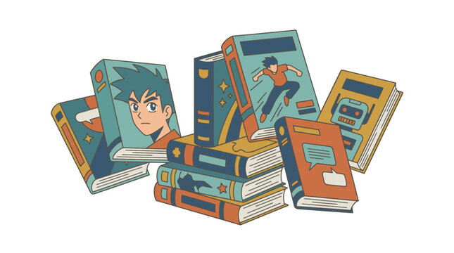 Flat vector illustration of a comic book stack, manga asset