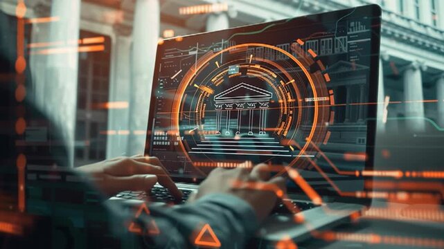 Modern cybersecurity and financial fraud concept with secure banking interfaces, phishing attacks, identity theft, online security threats, and warning symbols.