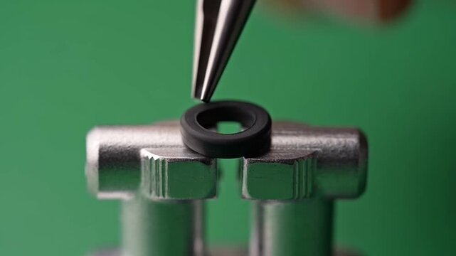Tweezers placing rubber o ring on metal testing fixture in laboratory.