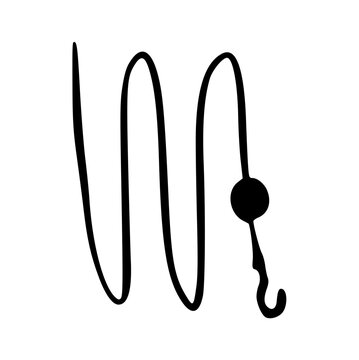 Fishing line doodle hand drawn, hook with sinker weight, curved string tackle, wavy fish catching equipment