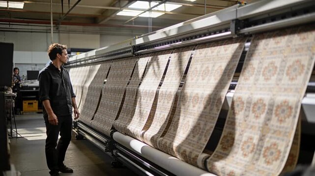 Printer producing rolls urging man in dark shirt scanning output for defects at factory, copy space
