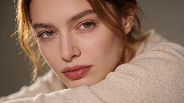 Turning camera, woman blinking and tracking offscreen in studio, in cream knit sweater