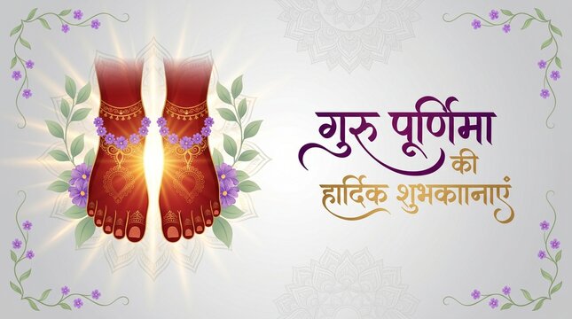 Guru Purnima Greeting Banner Vector Illustration with Holy Guru Charan Paduka, Indian Festival Wishes Poster, Spiritual Teacher Day Card Design