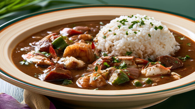 vibrant seafood gumbo with rich dark roux