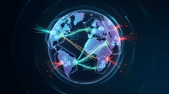 Glowing Digital Globe Showing Secure Data Flow Across Continents and Data Sovereignty Protection