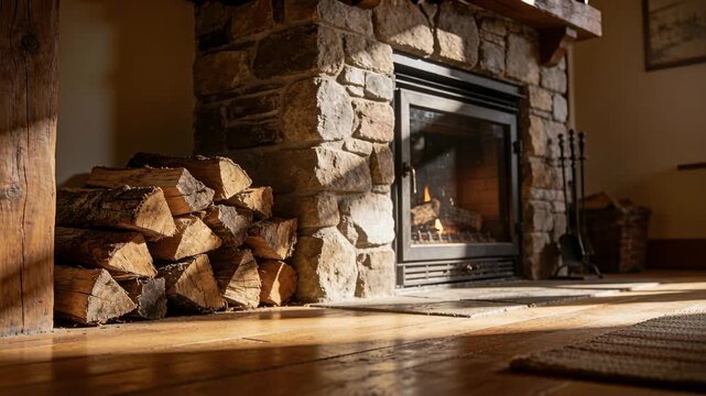 Shifting sunlight moving camera closer, revealing stone hearth, glass insert, stacked logs in cabin