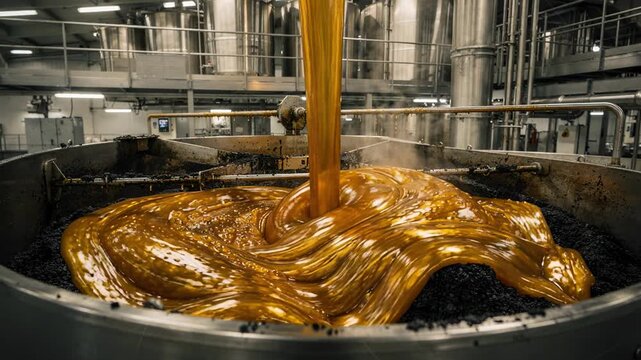 Medium shot of biooil being blended into hot asphalt using industrial mixers showcasing ecofriendly pavement innovation with sustainable raw materials in a modern mixing facility
