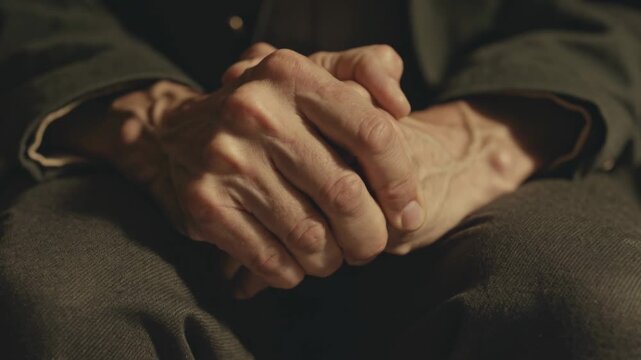 Camera holding close-up, senior hands shifting and tightening on lap with jacket cuff while waiting