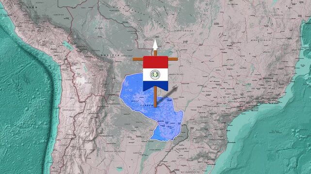 Paraguayan flag waving over a highlighted map of Paraguay in motion
