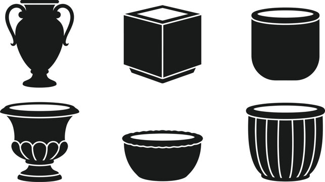 Six black silhouette vases pots and containers in various styles and forms including urns and cylinders on transparent background.
